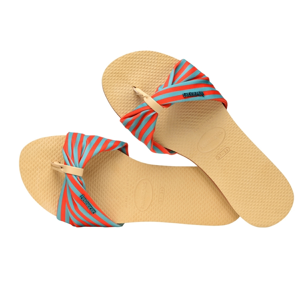 Havaianas You St. Tropez Flip Flops. Thong Style 7/8, Red and Blue Fabric.